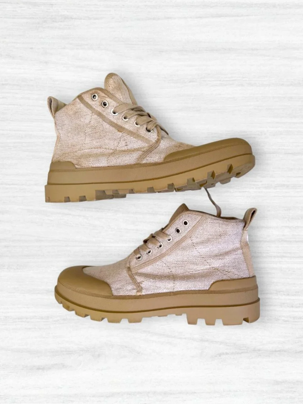 Zara Canvas Lug Sole Hiking Boots Shoes Beige Tan EU 39 US 8 Lace Up Ankle